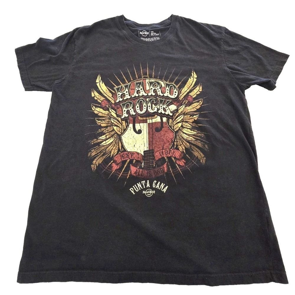 Hard Rock Hotel Punta Cana T Shirt L Black Graphic Tee 21x27 Guitar Wings